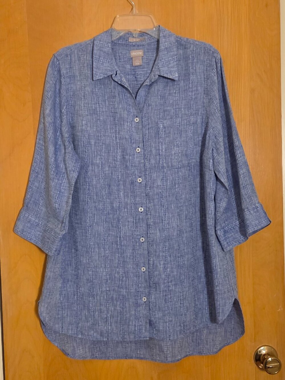 Chicos No Iron 100% Linen Tunic Size 2.5 US 14 Blue Button Up 3/4 Sleeve Coastal